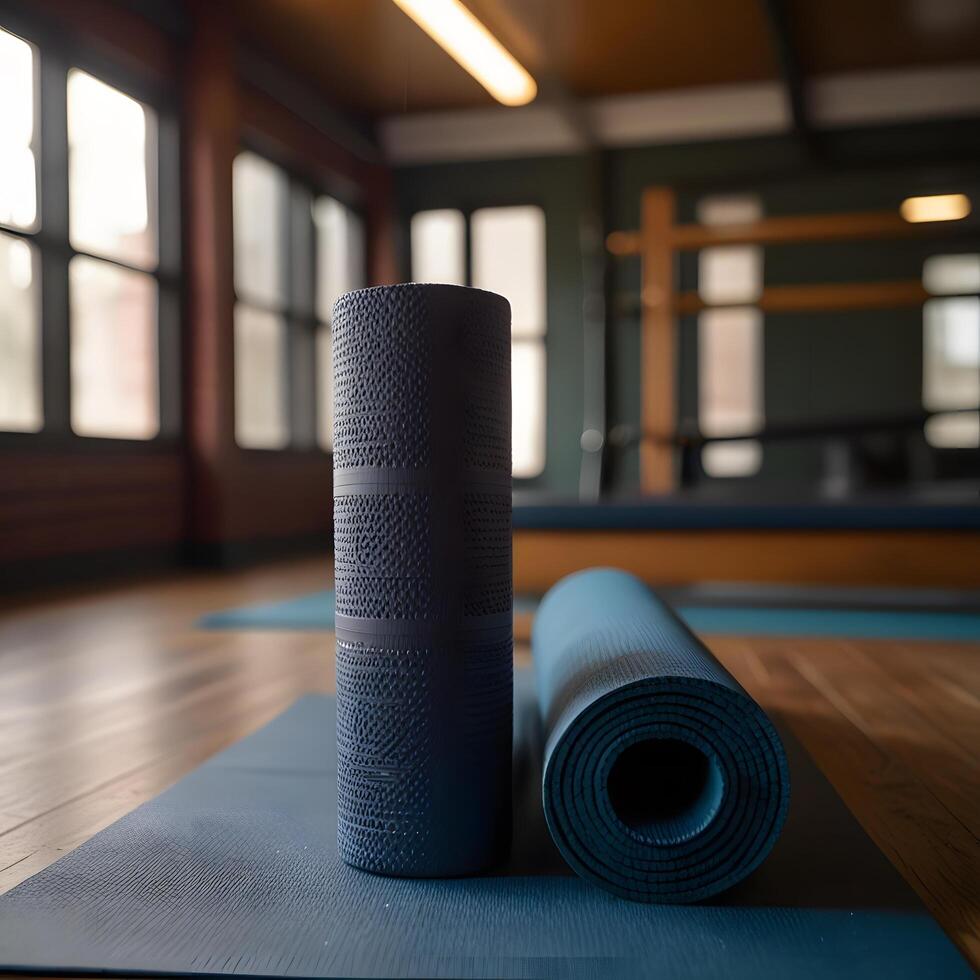 blue and purple pilates fitness yoga mat for exercise in the gym photo