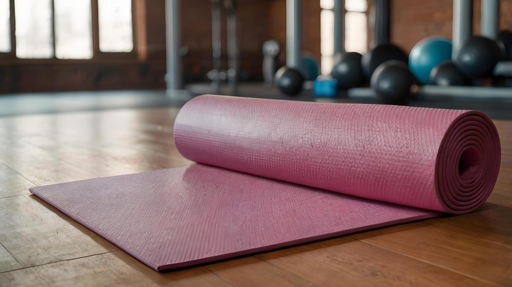 pink pilates fitness yoga mat for exercise in the gym photo
