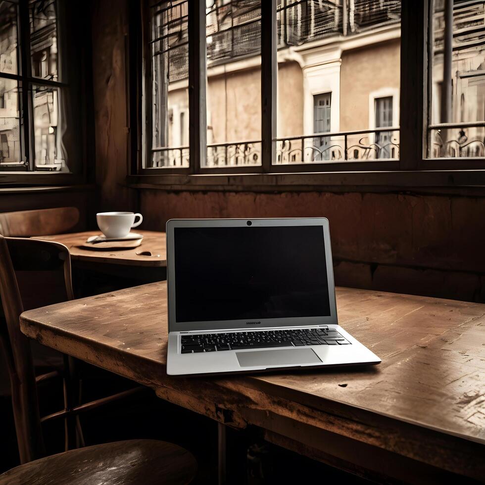 Laptop Computer monitor Screen in the Cafe. Business Work photo