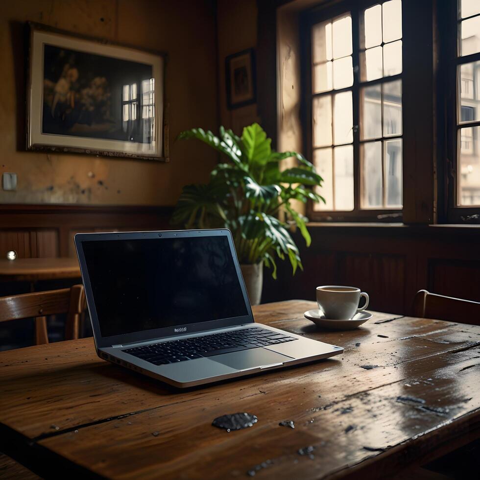 Laptop Computer monitor technology Screen in the Cafe with coffee photo