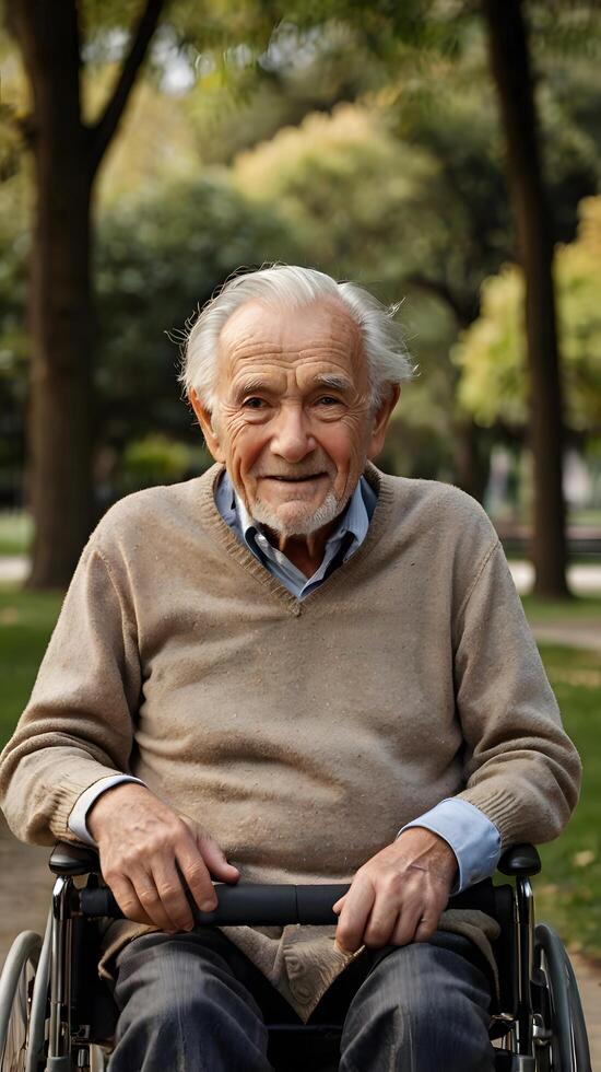 Old Elderly Handicap Aging senior men in a wheelchair in the park photo