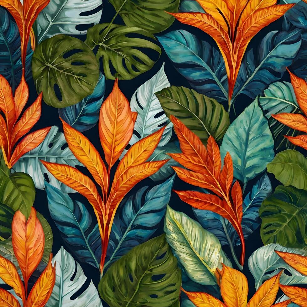 Colorful Botanical Seamless Jungle Leaf Pattern photo