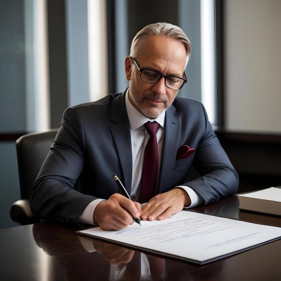 Businessman signing a document formal attire photo