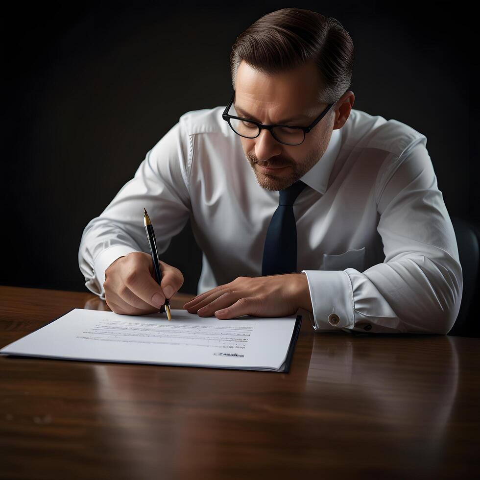 Professional Businessman in a suitsigning a document paperwork formal attire photo