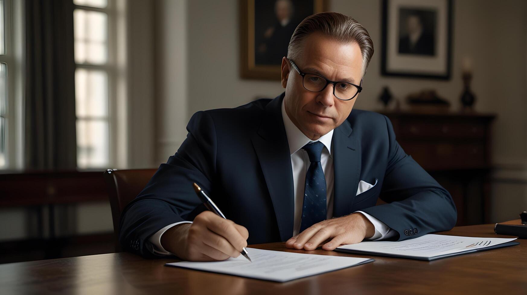 Office Businessman signing a document formal attire photo