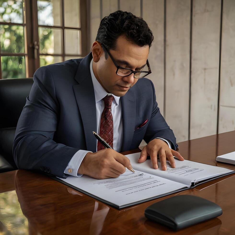 Businessman signing a document formal attire photo