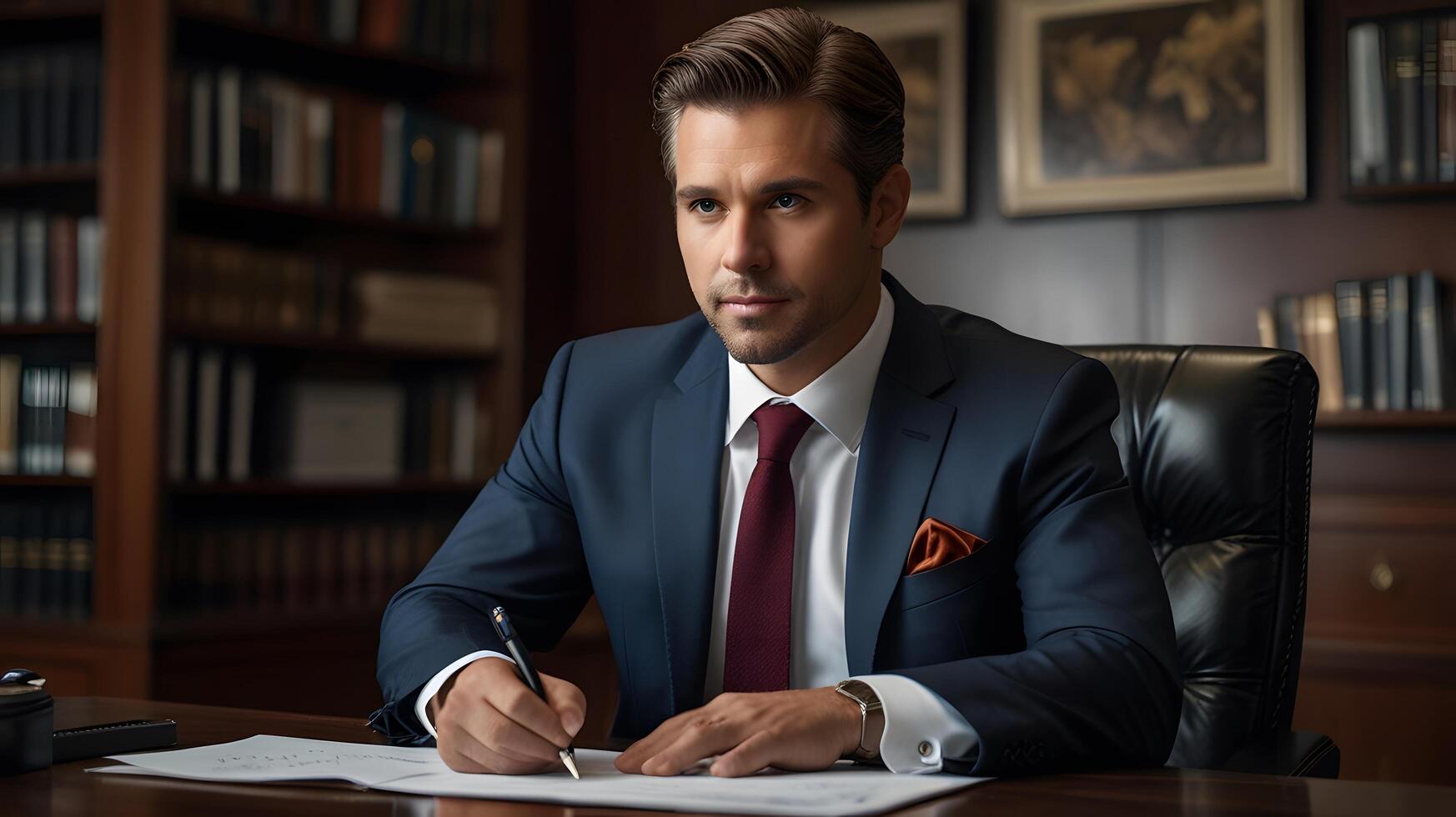 Professional Businessman in a suit signing a document formal attire photo
