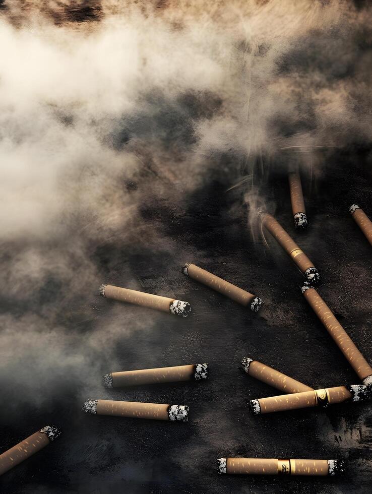 Unhealthy Smoked cigarette ash waste on the ground photo