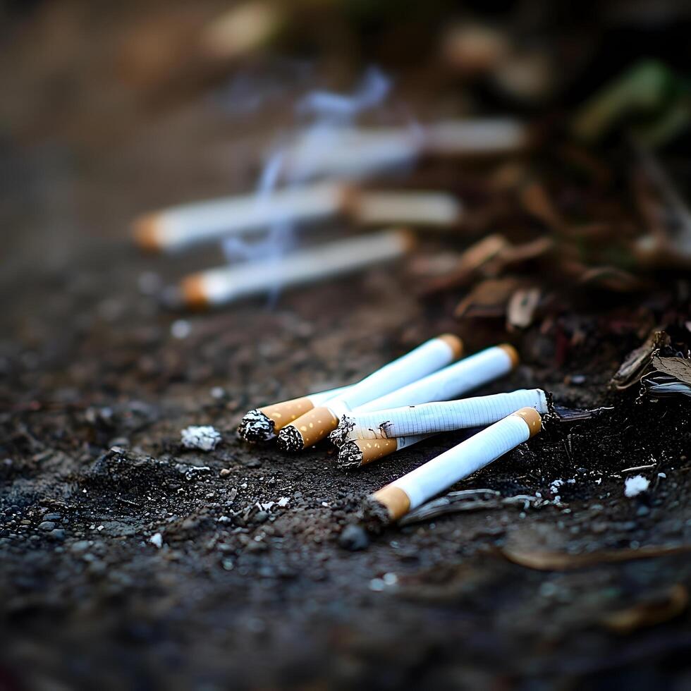 Smoking Tobacco Smoked cigarette ash waste in the dirt photo