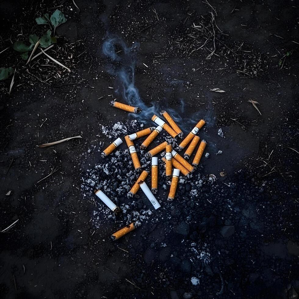 Tobacco Addiction Smoked cigarette ash on the ground photo