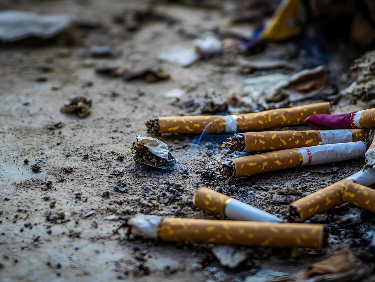 Unhealthy Smoked cigarette ash waste on the ground photo