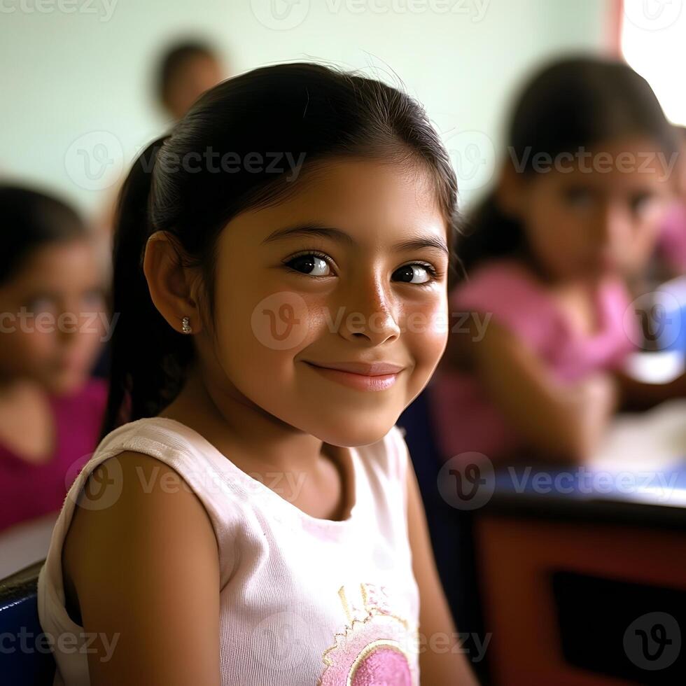 Cute Adorable Smiling Hispanic Schoolgirl child portrait. A Girl is learning in School photo