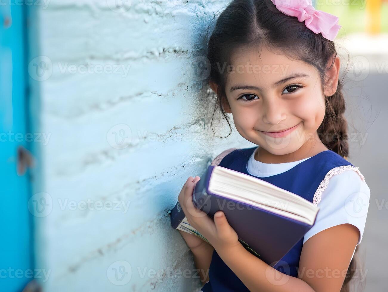Happy Smiling Hispanic Schoolgirl is reading a book. Education photo