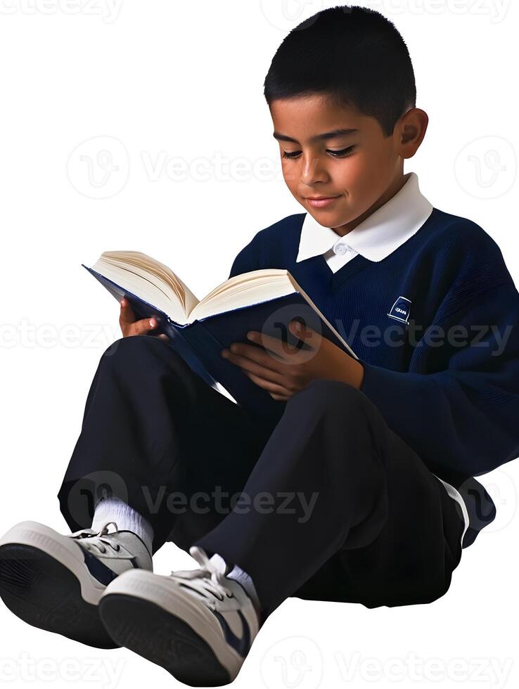 Isolated Hispanic schoolboy reading a book in School for Education photo
