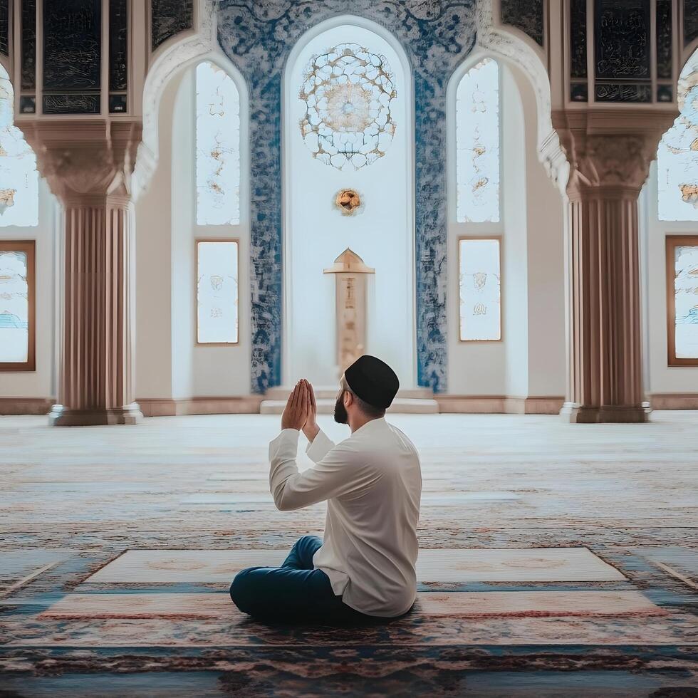 muslim prayer man. Pray for Islam in a Mosque photo