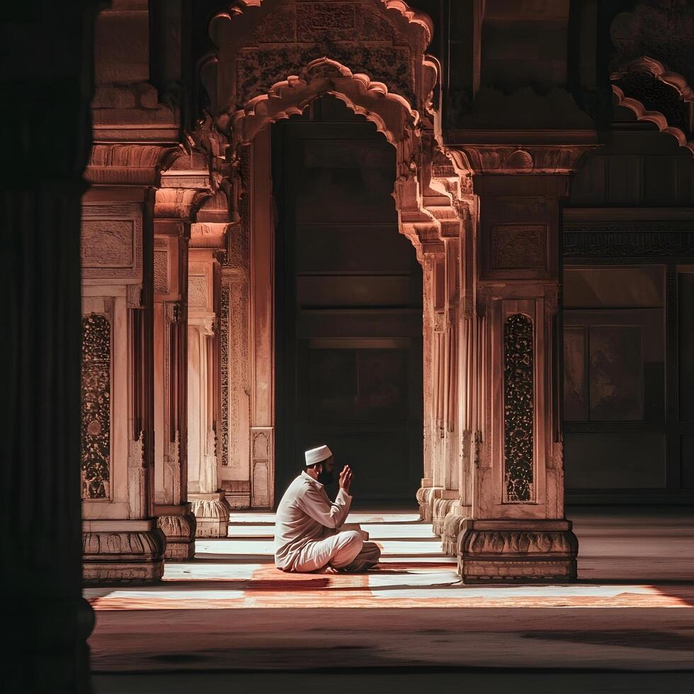 Praying muslim man. Pray and Believe in Islam in the Mosque photo