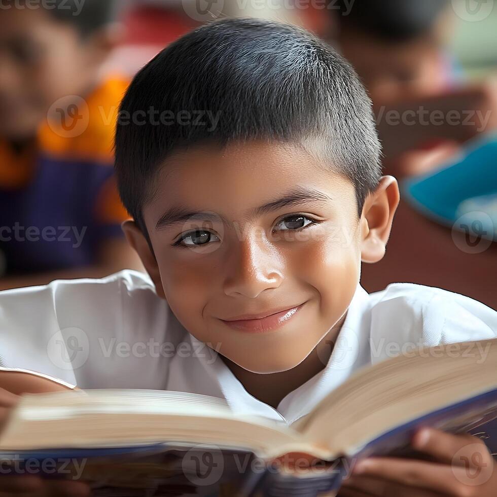 Young Hispanic Student schoolboy reading a book in School for Education photo
