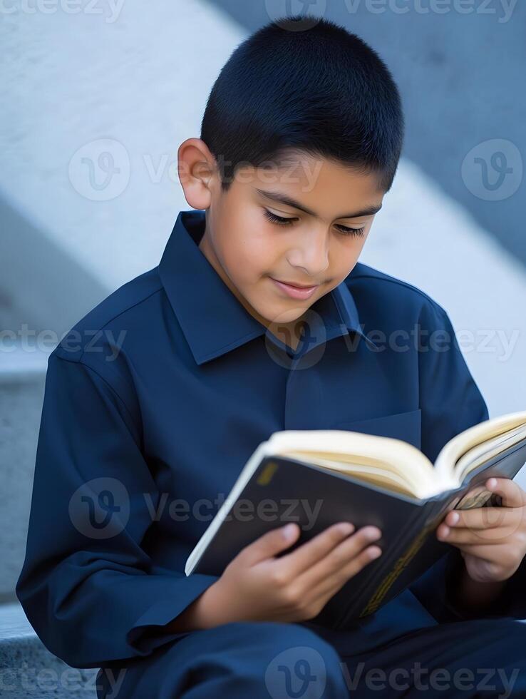 Hispanic schoolboy reading a book in School for Education photo
