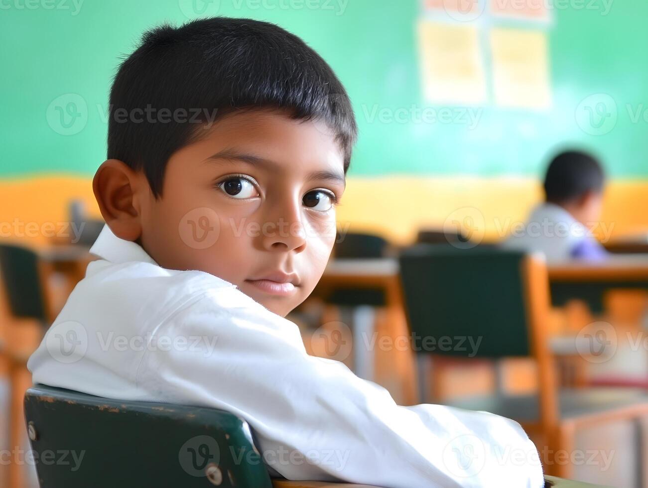 Hispanic Schoolboy learning and studying in the Classroom photo