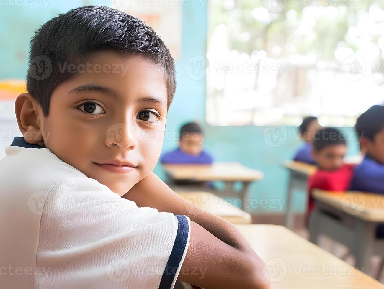 Lucky Hispanic Schoolboy learning and studying in the Classroom photo