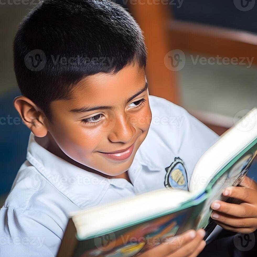 Learning Hispanic schoolboy Student reading a book in School for Education photo