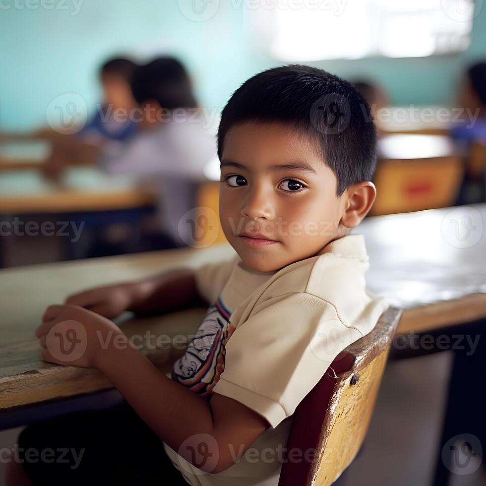 Lucky Young Hispanic Schoolboy learning in the Classroom photo