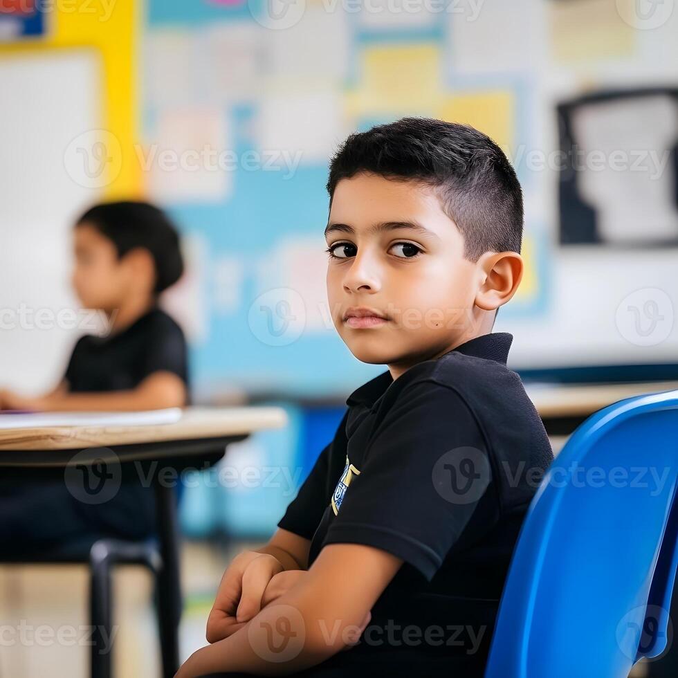 Cool Hispanic Schoolboy learning and studying in the Classroom photo