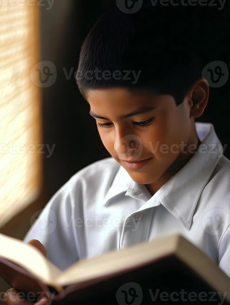 Lucky Hispanic schoolboy reading a book in School for Education photo