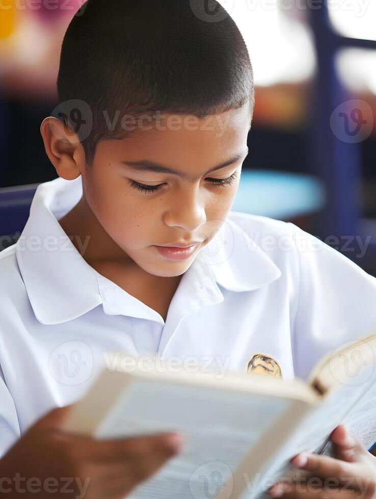 Hispanic schoolboy Student reading a book in School photo