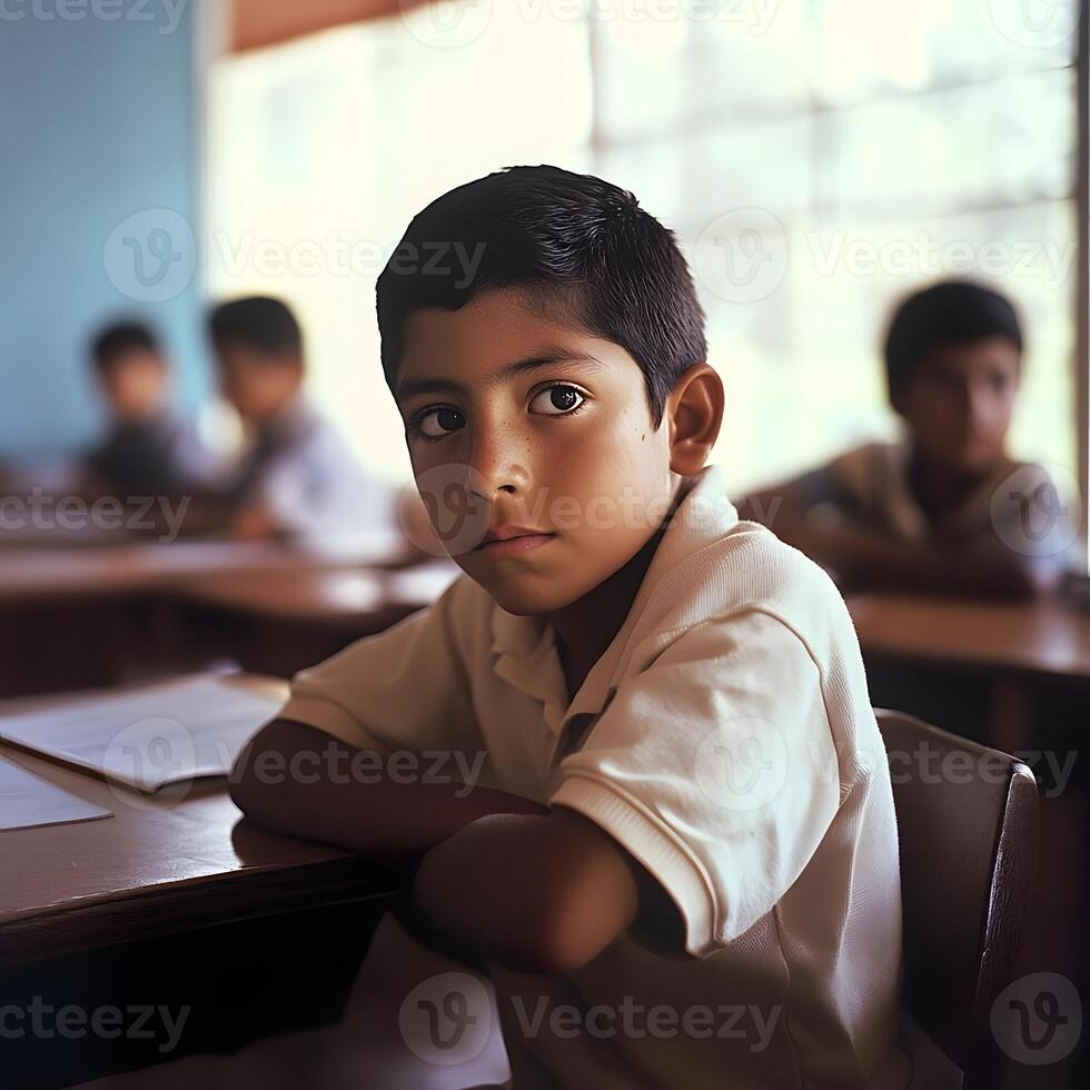Hispanic Schoolboy learning and studying in the Classroom photo