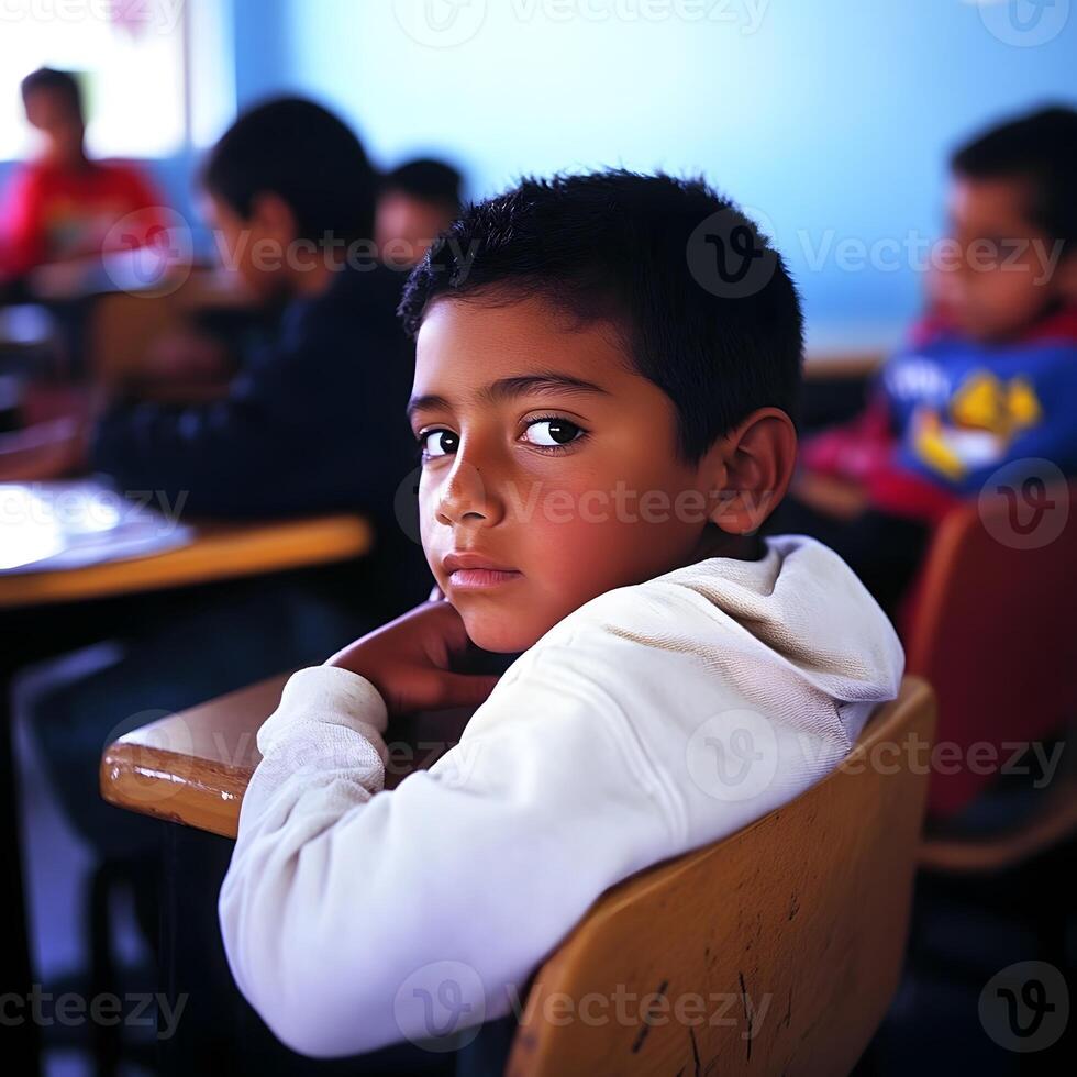 Hispanic Schoolboy learning and studying in the Classroom photo