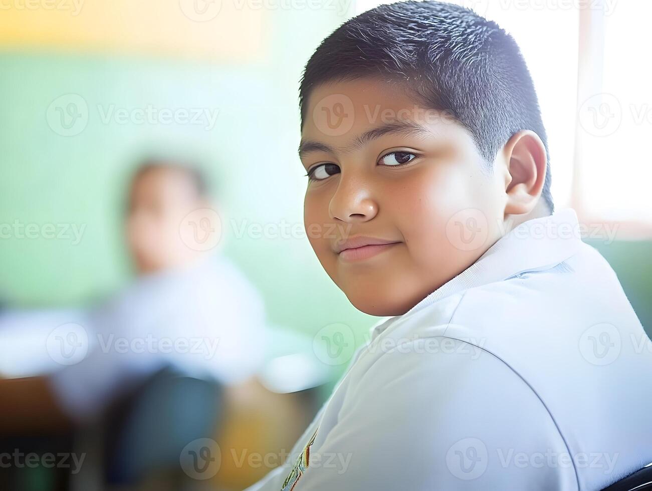 Hispanic Schoolboy learning and studying in the Classroom photo