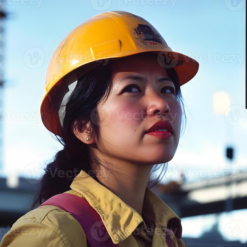 Female Construction worker. Hard Hat woman manual labor photo