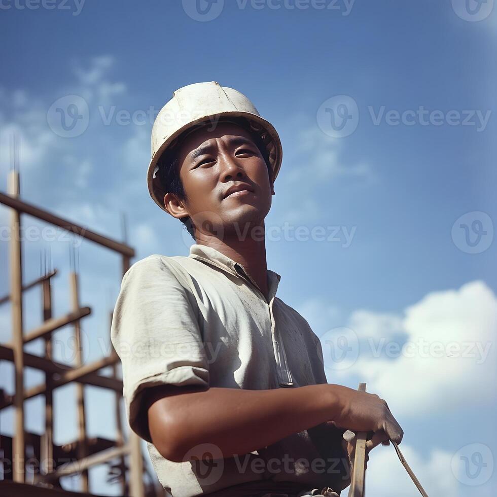 Smiling Male Construction worker. Hard Hat man manual labor photo