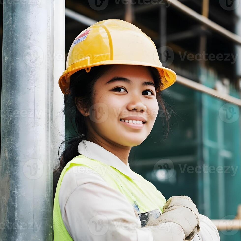 Asian Construction worker. Hard Hat woman manual labor photo