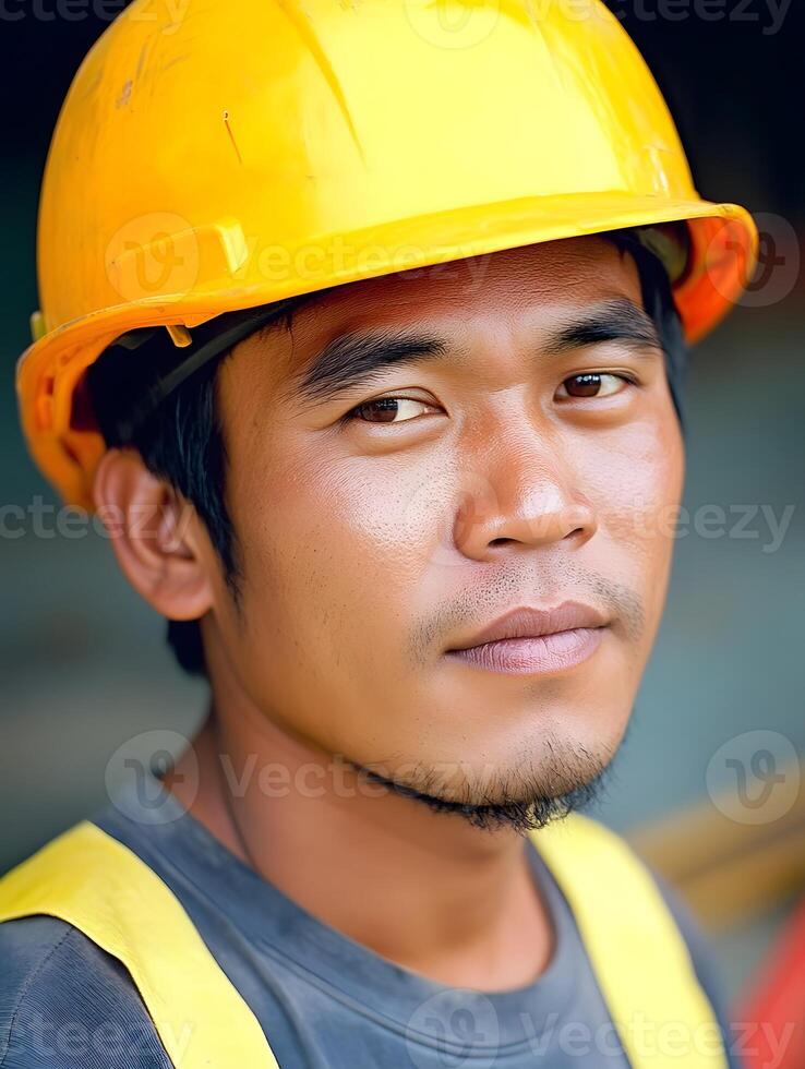 Asian Male Construction worker. Hard Hat with a safety helmet photo
