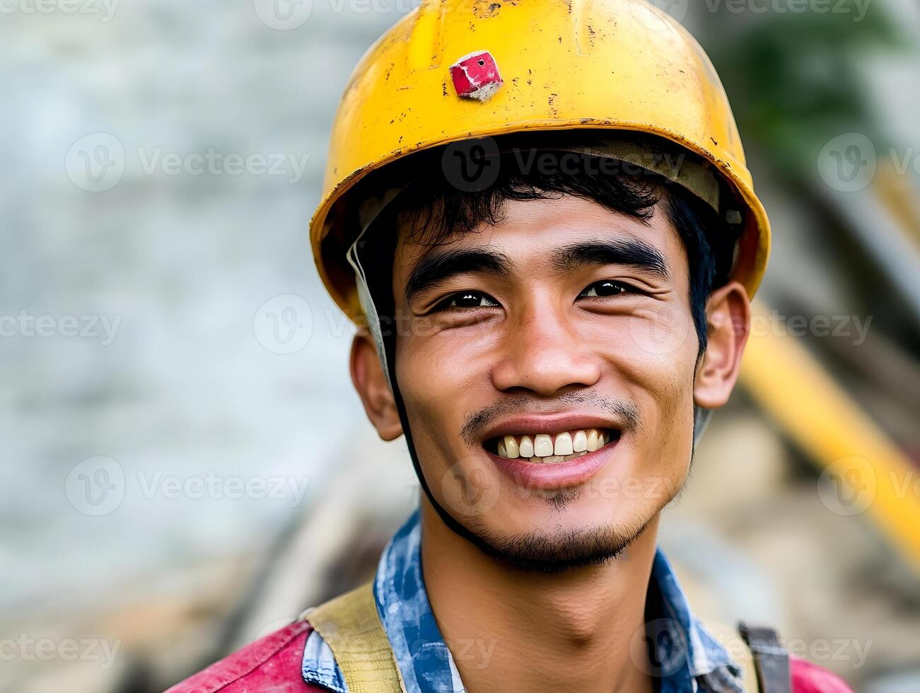 Happy Smiling Male Construction worker. Hard Hat man manual labor photo