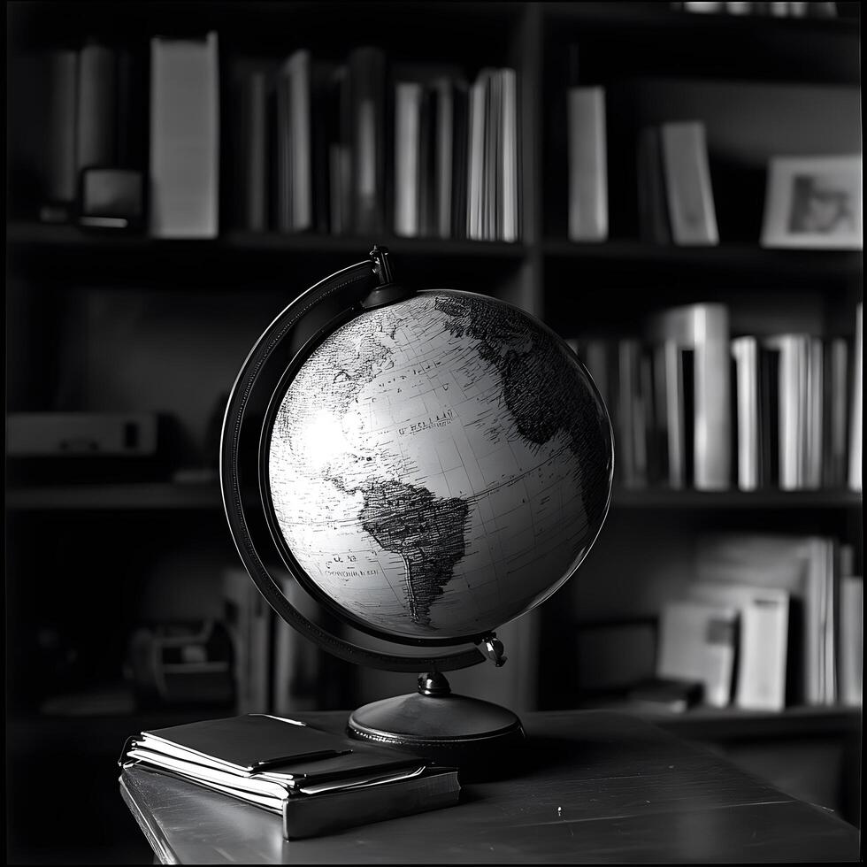 Old World Globe geography education in a library black and White photo