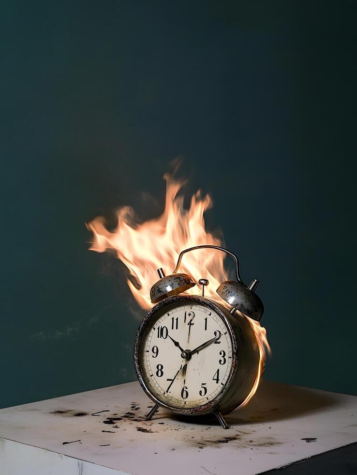 Burning Alarm Clock on Fire with Flames. Time is running out photo