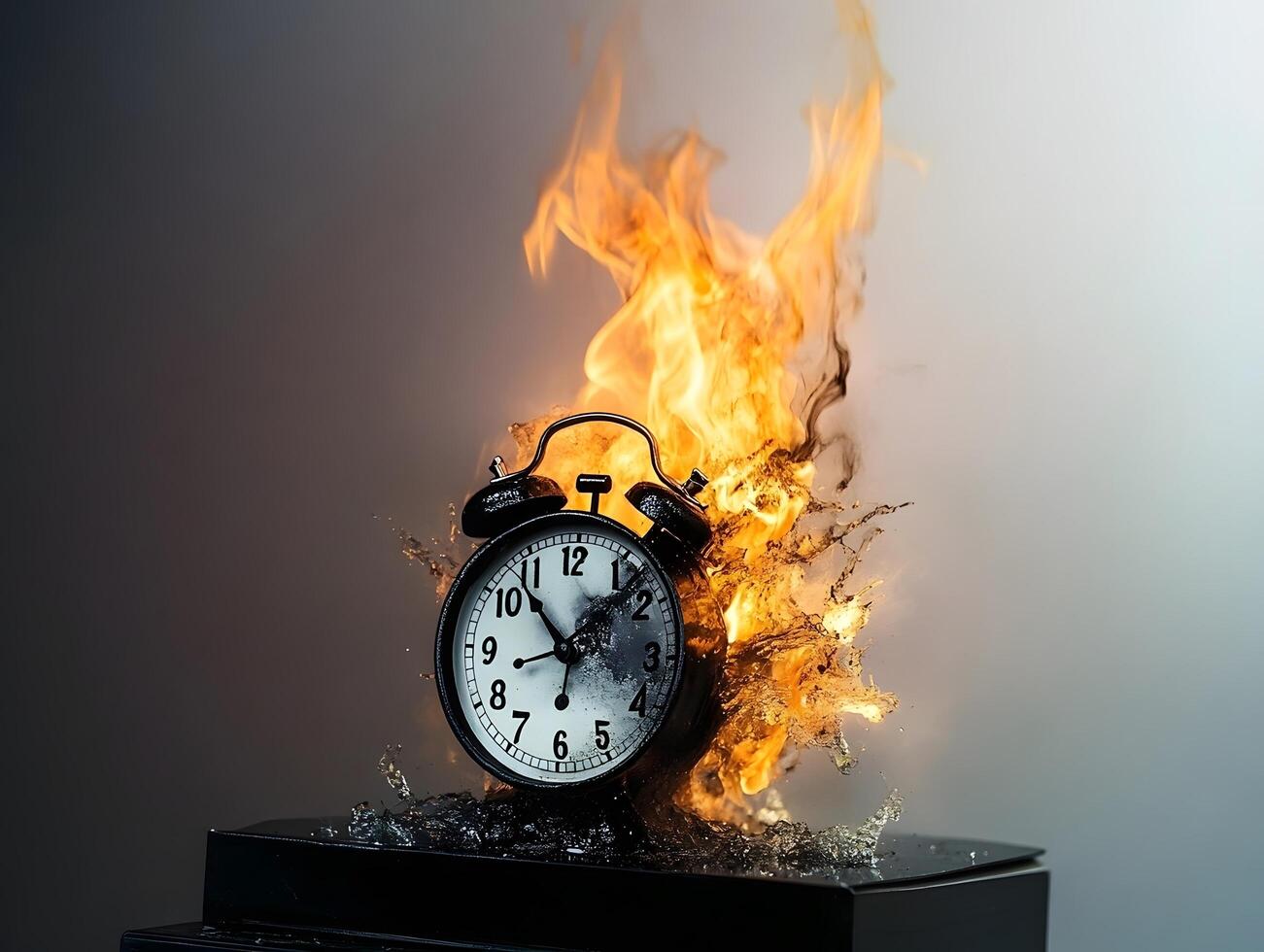 Burning malfunctioning Clock on Fire with Flames. Burn Time photo