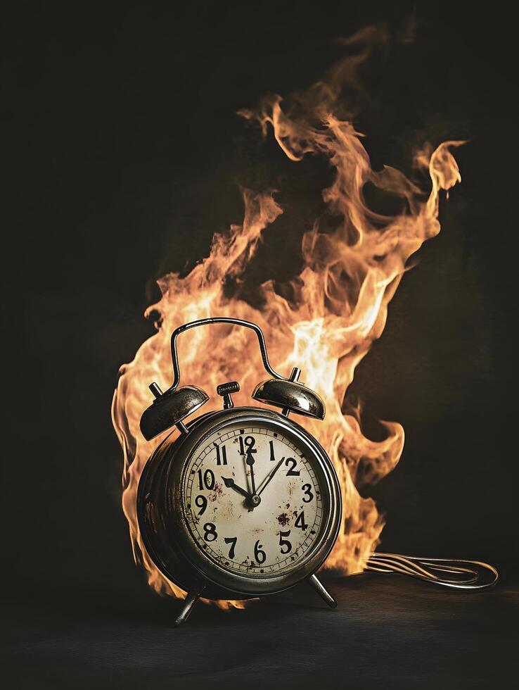 Burning Alarm Clock on Fire with Flames. Burn Time photo
