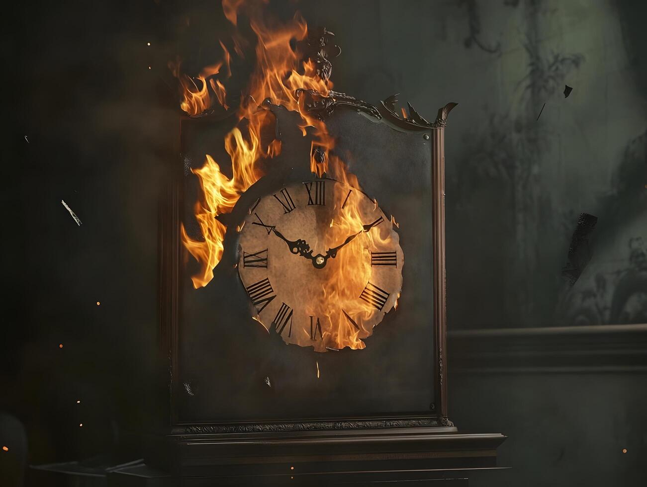 Burning malfunctioning Clock on Fire with Flames. Burn Time photo