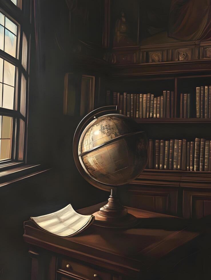 Old World Globe geography education in a library photo