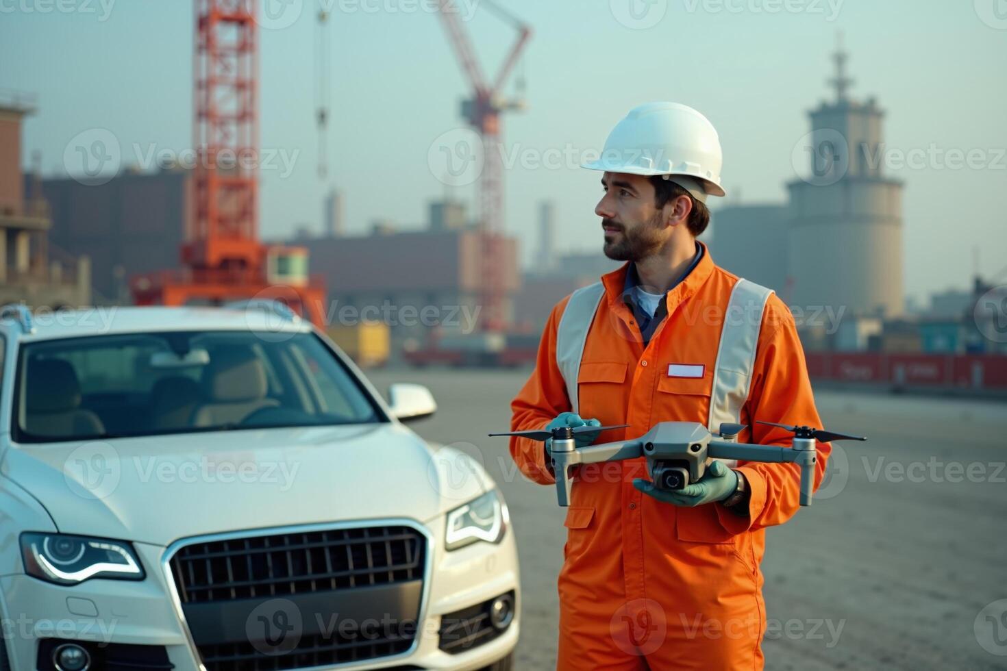 construction worker with outfit holding drone photo