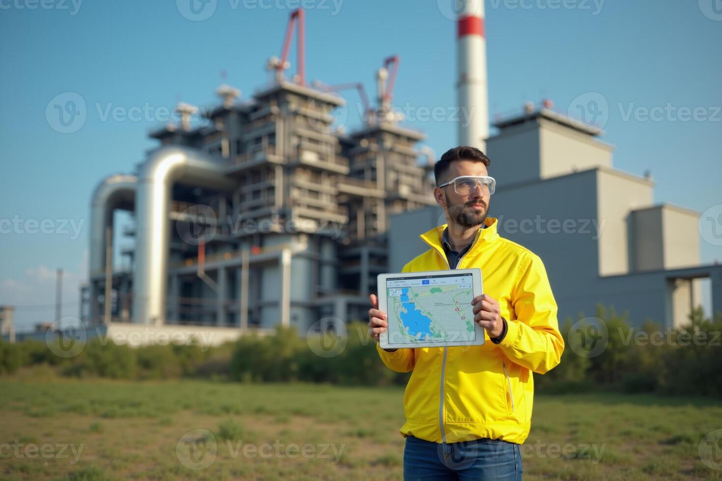 construction worker with outfit holding smart mobile tablet with factory building in background photo