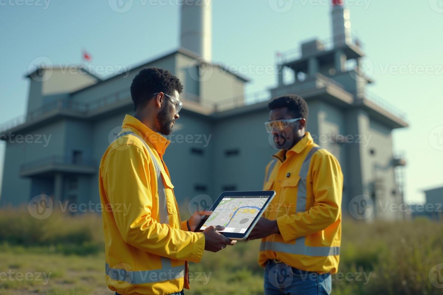 construction worker with outfit holding smart mobile tablet with factory building in background photo
