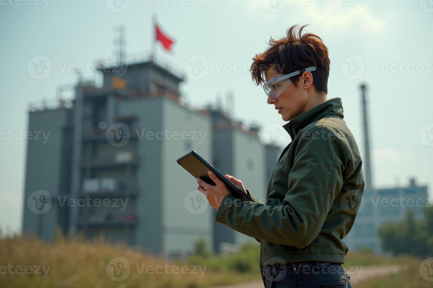 construction worker with outfit holding smart mobile tablet with factory building in background photo