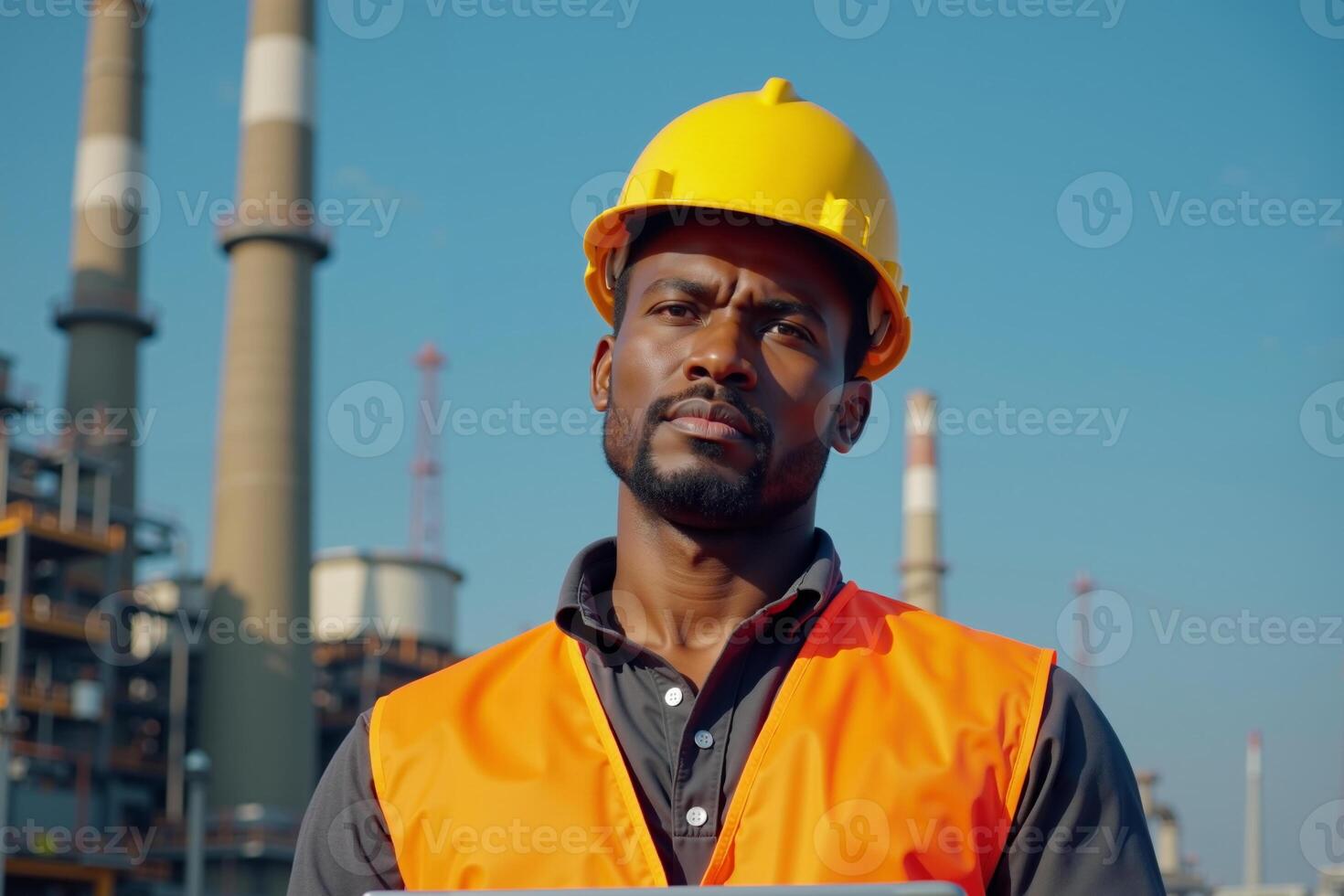 construction worker with outfit holding smart mobile tablet with factory building in background photo