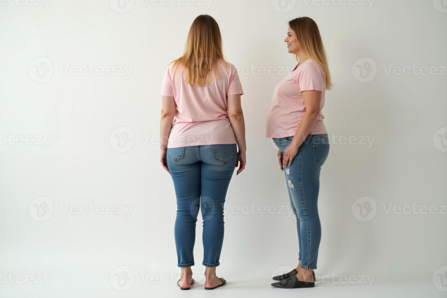 chubby overweight woman standing on white background photo