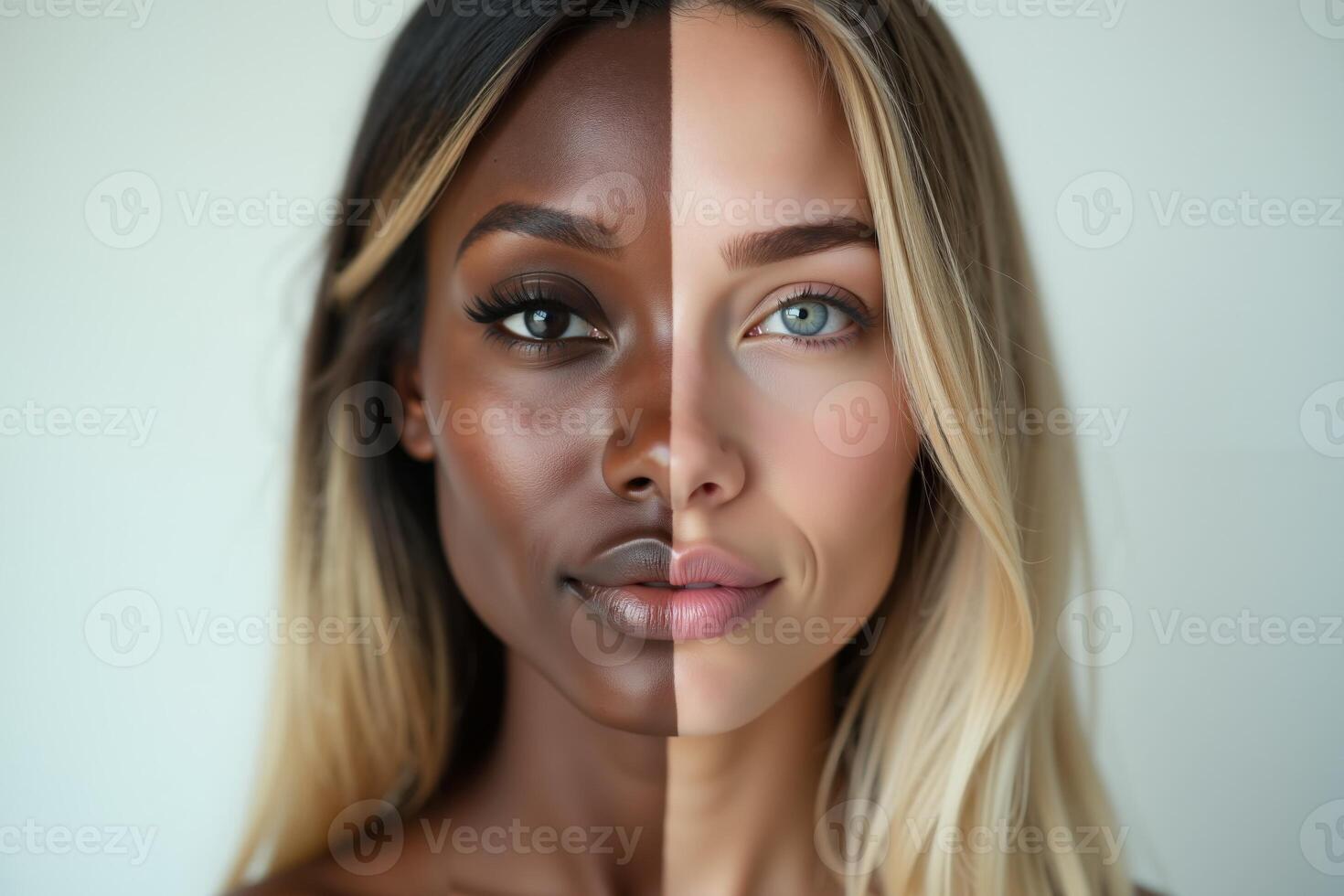 close up of woman person face with different color of skin white and black photo